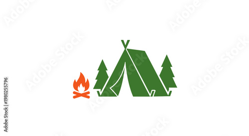 Green tent with campfire and trees.