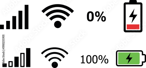Mobile signal wifi and battery icons silhouette isolated on transparent background