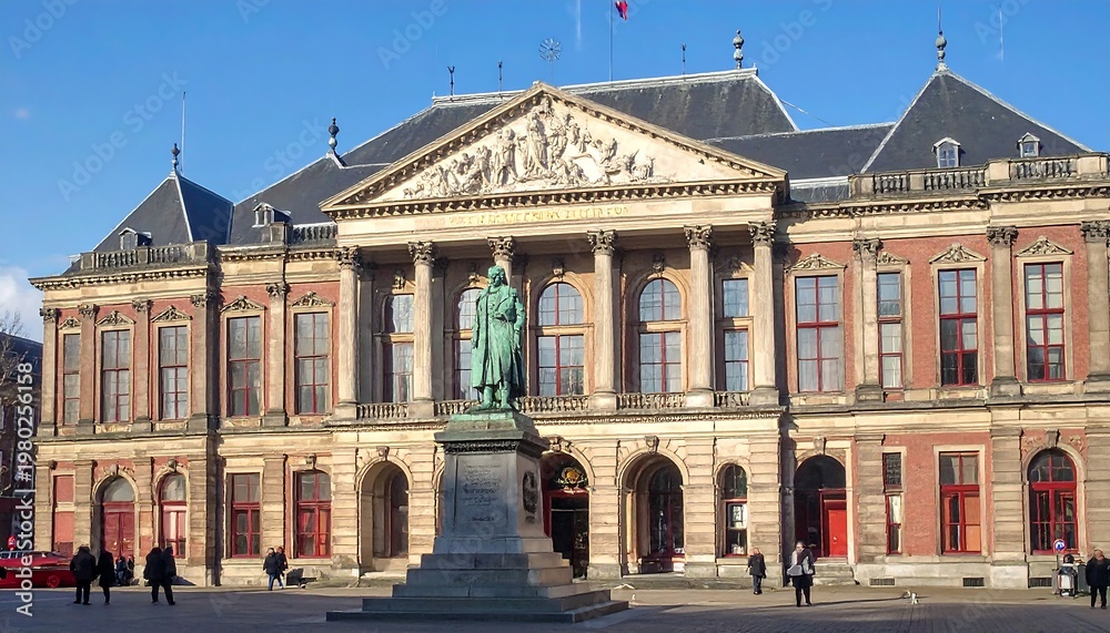 Obraz premium A large brick building with a statue in front