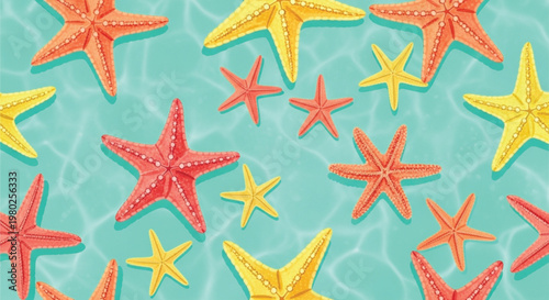Colorful Starfish Seamless Pattern on Turquoise Ocean Background