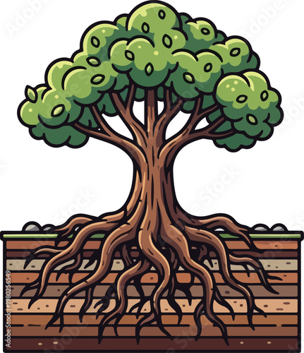 Pixel Art Green Tree With Deep Roots Isolated On White Background