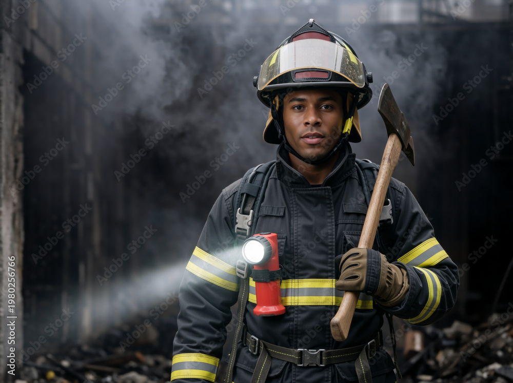 Fototapeta premium Black male firefighter holding axe in ruined smoking building. Professional first responder in uniform and helmet with chest flashlight. International firefighters day