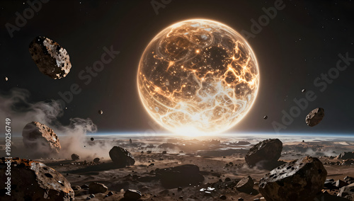 Alien Desert Landscape with Giant Glowing Planet and Floating Asteroids