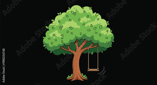 Pixel Art Green Tree With Hanging Swing On Dark Black Background Vector