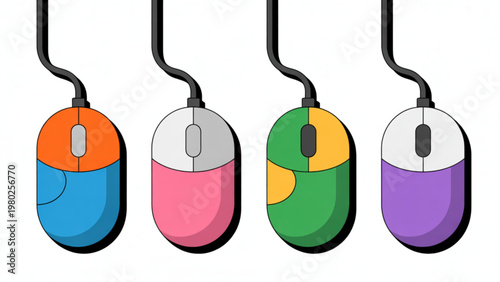 Colorful computer mice hanging from a hook in a row