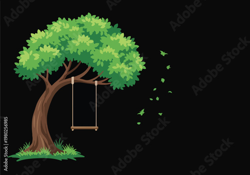 Pixel Art Green Tree With Swing Falling Leaves Isolated Black Background