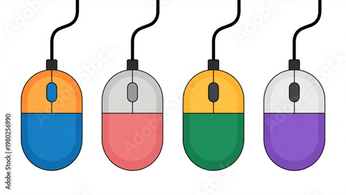 Four colorful cartoon lightbulbs with different colored bases hanging in a row