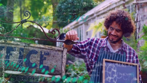 Shop owner entering with Open sign, adjusting OFFICE bracket and signaling plant nursery opening