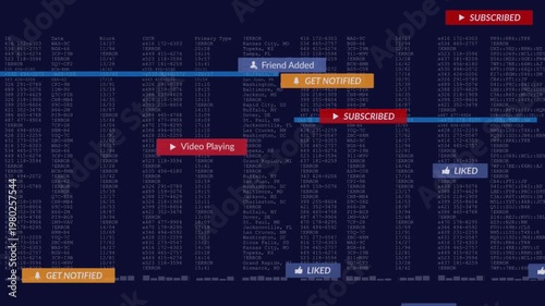 Cursor tapping message control, badges spawning and streaming along blue bars and showing analytics