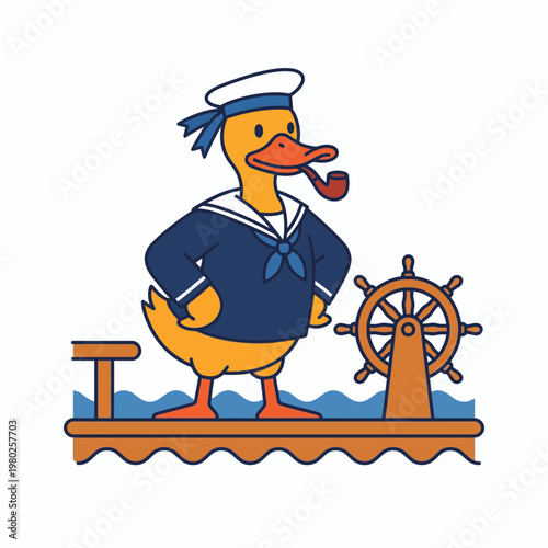 A vector illustration of a sailor duck standing on a dock with a ship's wheel.