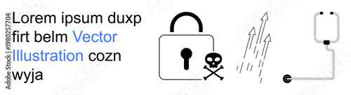 Online security, data protection, healthcare, threats, vulnerabilities, encrypted safety. Lock with skull, arrows and IV drip . Cybersecurity and threats concept