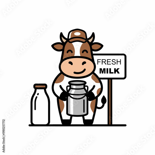 A smiling vector cow holds a milk can next to a bottle standing near a fresh milk sign.
