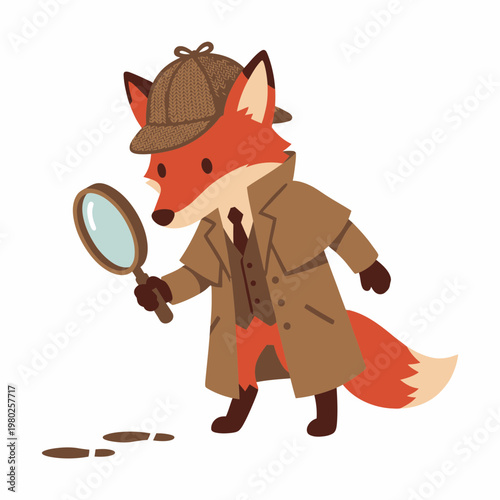 A cartoon vector fox detective investigates outdoors with a magnifying glass