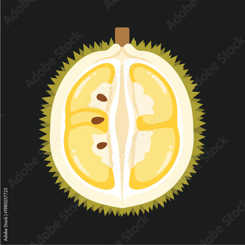 Pixel Art Half Durian Fruit With Yellow Flesh On Black Background