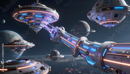 Futuristic Space City with Floating Rockets and Sci-Fi Skyline