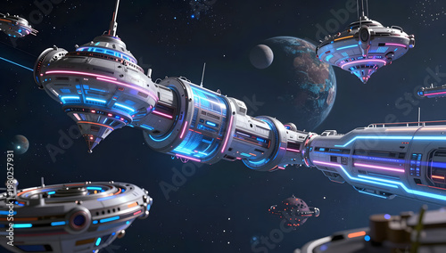 Futuristic Space City with Floating Rockets and Sci-Fi Skyline