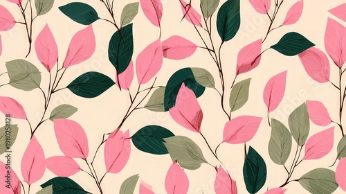 Vibrant pink and sage leaves on branches create a repeating pattern