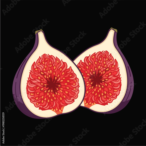 Pixel Art Half Fig Slices Isolated On Black Background Flat Vector