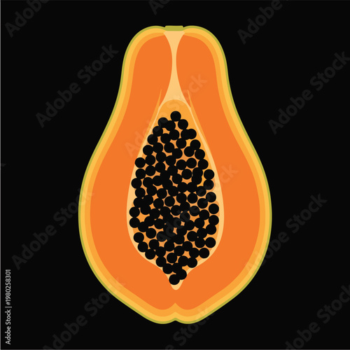 Pixel Art Half Orange Papaya With Black Seeds On Black Background Isolated Object