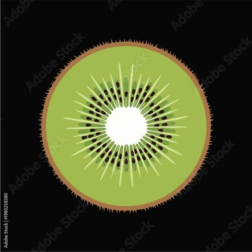 Pixel Art Half Kiwi Fruit Slice Isolated On Black Background Flat Vector