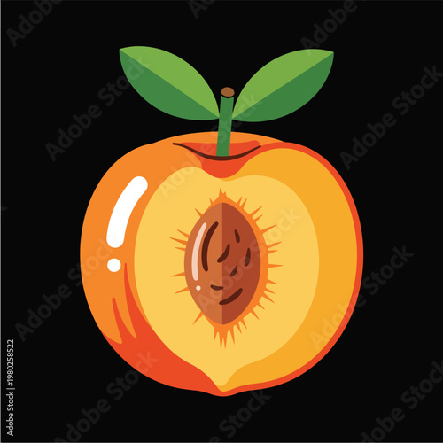 Pixel Art Half Peach With Pit And Leaves On Black Background