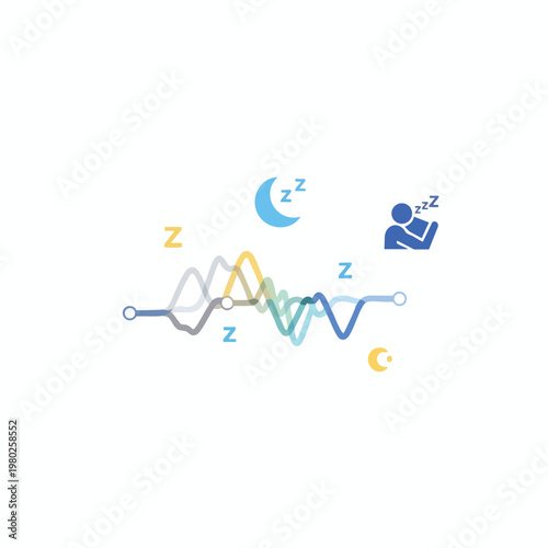 Abstract Illustration of Sleep and Rest Concepts with Colorful Waveforms and Sleep Symbols