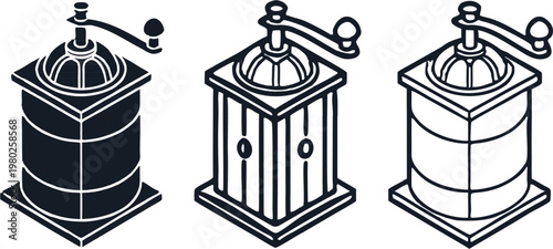 Vintage Manual Coffee Grinder Icon Collection: Multi-Style Vector Bundle for Artisan Cafe Branding, Barista Tools, and Espresso Shop Menus