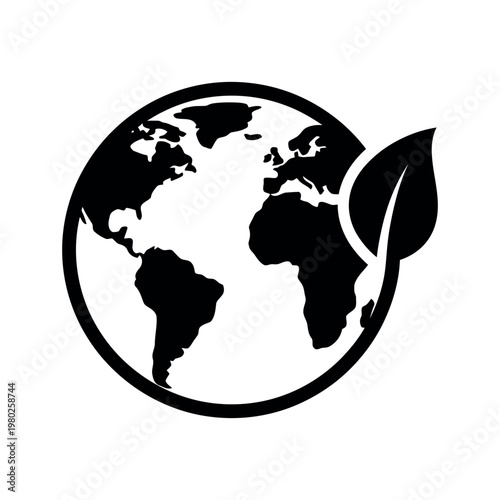 Black Silhouette Earth Globe With Leaf Icon planet