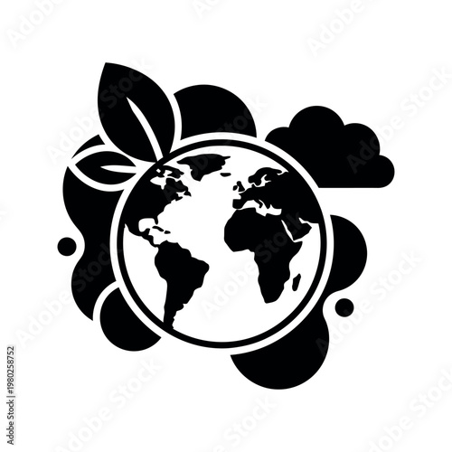 Black Earth Planet With Leaves And Cloud Icon globe