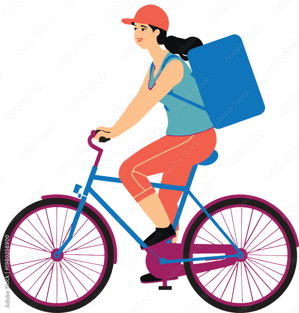 Fototapeta premium Food Delivery Woman Riding a Bicycle Vector Transparent Background EPS