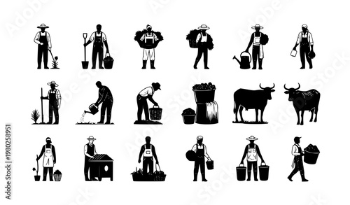Agriculture worker silhouette set showing diverse farmers and rural activities in grid layout isolated vector