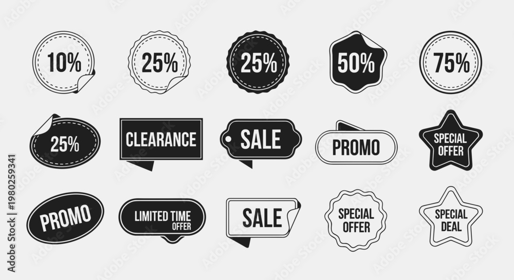 Fototapeta premium Black and white sale stickers set.