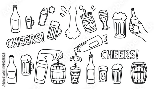 Doodle style drawings of beer bottles, mugs, barrels, and cheers.
