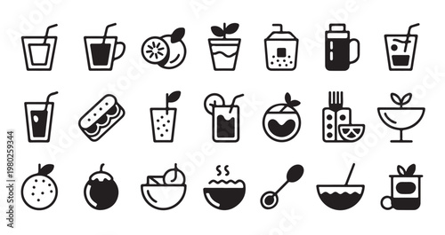 Healthy drink and food icons set containing juice smoothie fruit bowl and snack silhouettes.