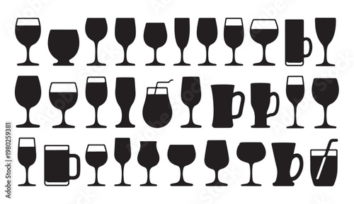 Diverse glassware silhouettes collection including wine glasses beer mugs and cocktail cups.