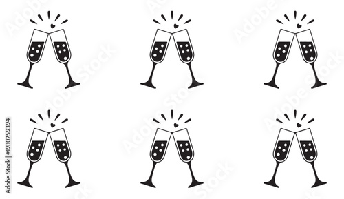 Champagne glasses toast icon set featuring clinking flutes with bubbles and heart elements.