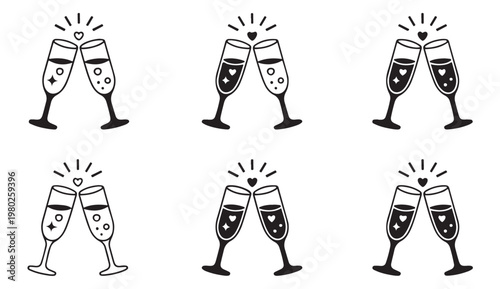 Festive clinking champagne glasses collection with different heart and bubble design styles.