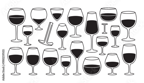 Wine glass collection with various shapes and sizes featuring solid black liquid filling in.