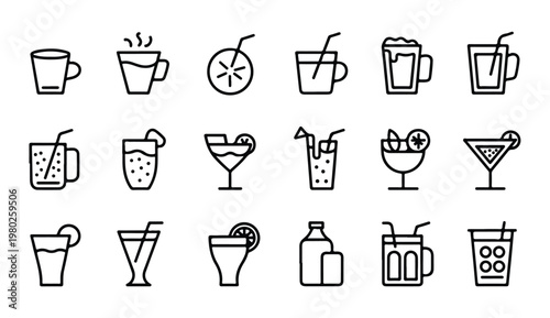 Beverage icons set featuring outline style drinks including tea coffee soda and fruit juice.