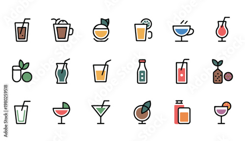 Colorful flat drink icons depicting various juices cocktails and smoothies in different cups.