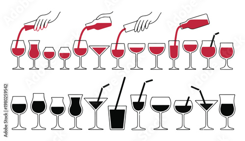 Alcohol drinks pouring in different glassware collection with hand silhouette vector design.