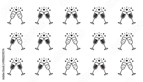 Champagne glasses toasting with hearts and sparkle icons for wedding celebration vector set.