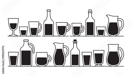 Kitchen beverage containers collection featuring bottles pitchers and mugs in outline style.