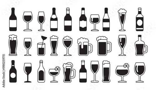 Alcoholic beverage icons set including wine beer and cocktail bottles with diverse glasses.