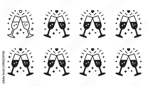 Two champagne glasses clinking together in celebration with sparkles.