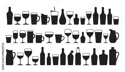 Variety of drink containers including bottles glasses pitchers and mugs.