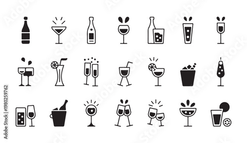 Assorted drink icons featuring cocktails bottles glasses and party accessories.