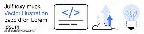 Software development, innovation, technology trends, digital growth, coding concepts, creative ideas. Code snippet, upward arrows lightbulb and clouds. Software development and innovation concept