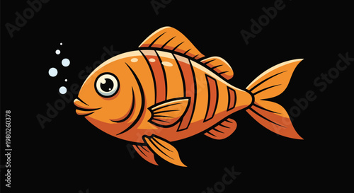 Pixel Art Orange Striped Fish Isolated Object On Black Background