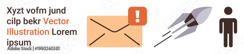 Communication systems, email alerts, user interaction, innovation, delivery speed, notifications. Envelope with an alert icon, rocket launch person figure. Communication and email alert concept